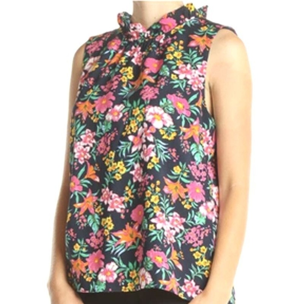 J.Crew Tropical Floral Ruffle High‎ Neck Blouse Top Navy Pink Sleeveless Size XS